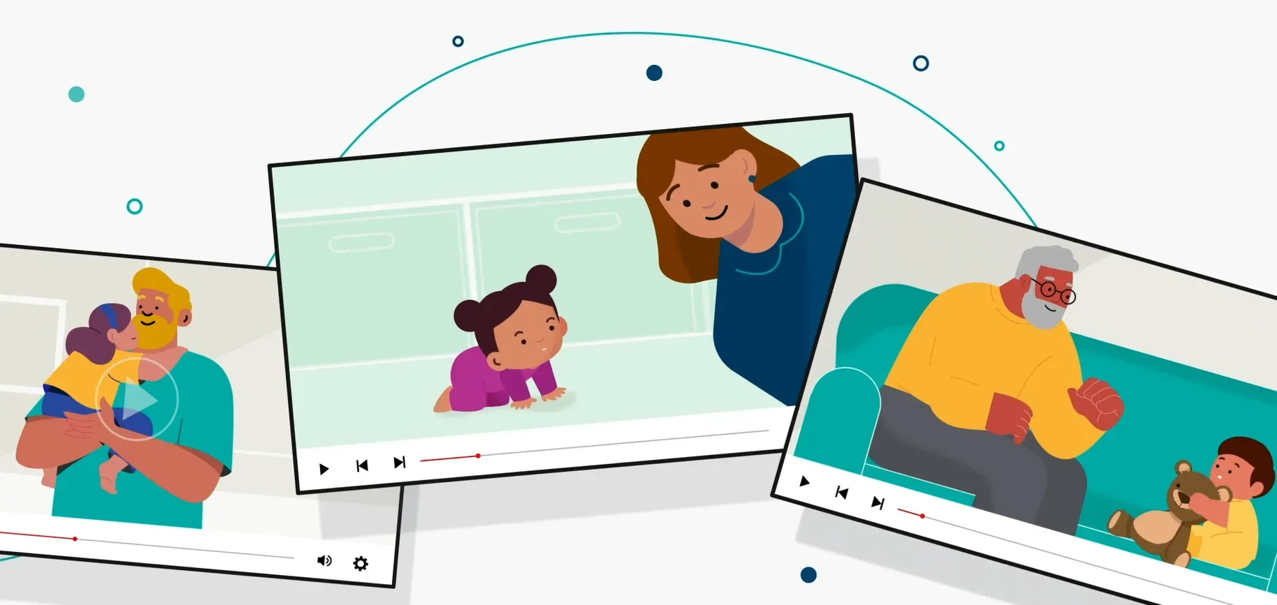 An illustration of a series of videos being played that feature a child and their carer